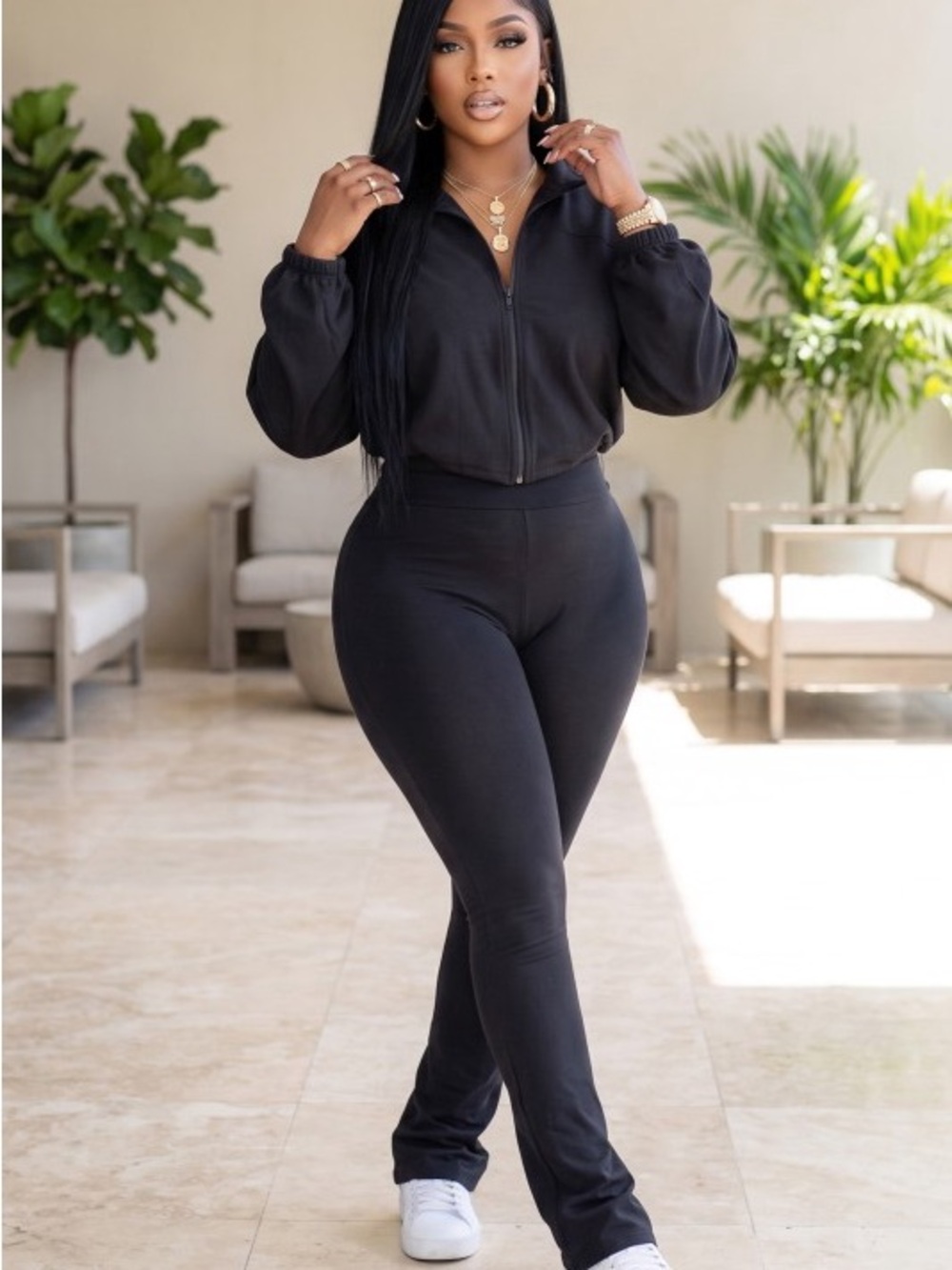 Women's High-Waist Black Ponte Pants - Zip Jacket Set